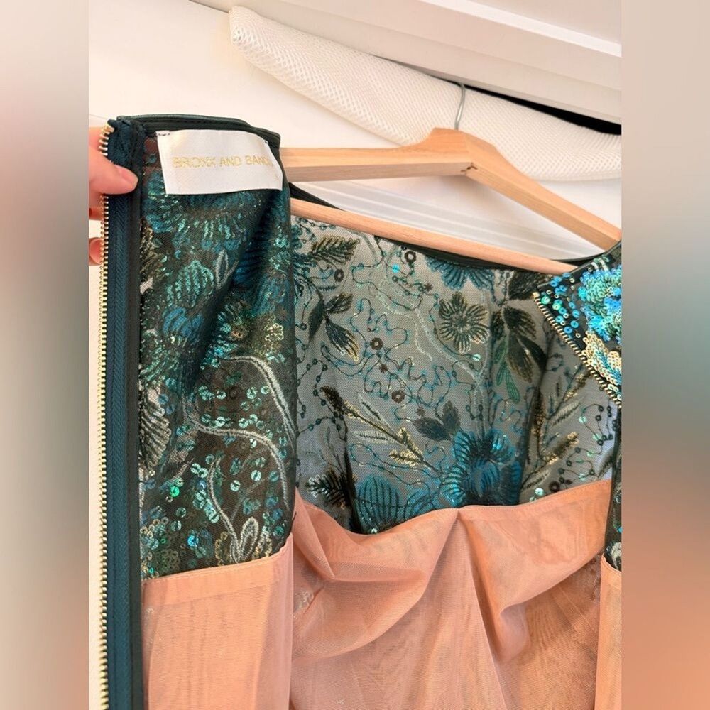 NWOT BRONX AND BANCO Violet Teal Maxi Dress, Elegant Green Floral Sequin Gown - Picture 13 of 15